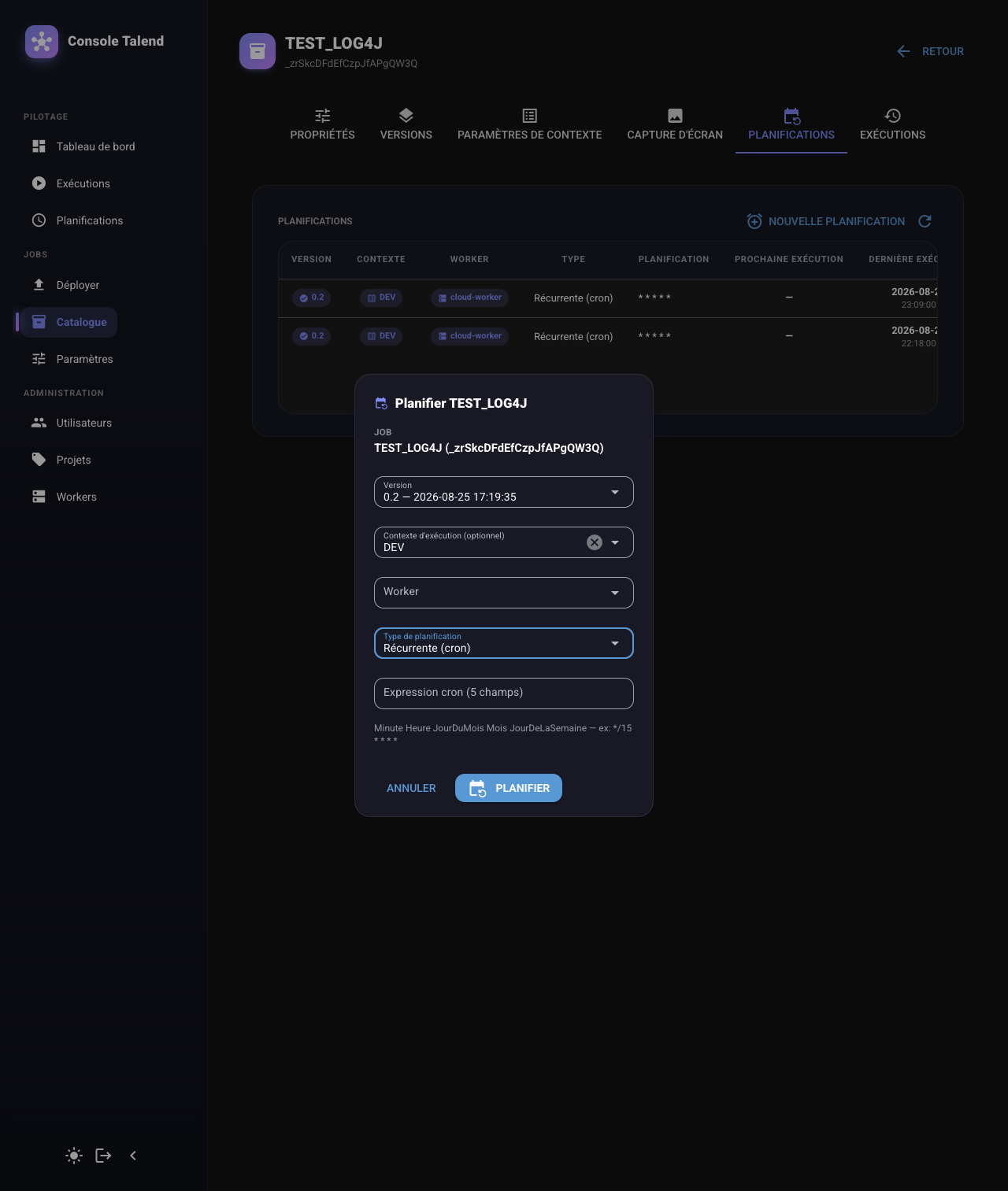 Fenêtre de planification cron d'un job dans talend-console